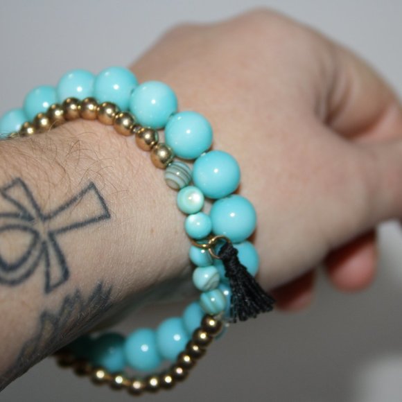 Beautiful blue and gold bracelet set 7" - Picture 2 of 4